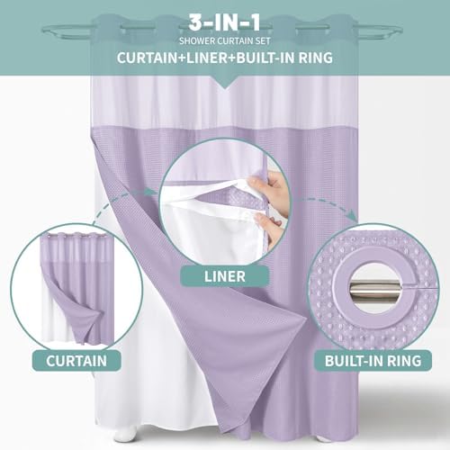 Lavender Waffle Weave Shower Curtain Set with Snap-In Liner 71x86 Inches