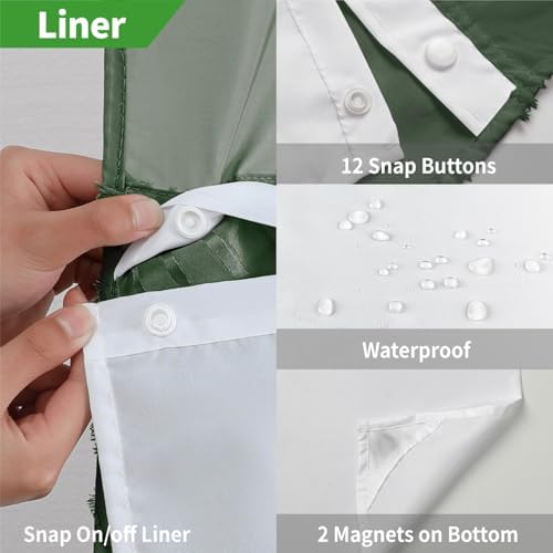 No Hook Dark Green Boho Shower Curtain Set with Snap Liner