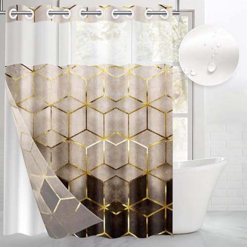 Britown Geometric Brown Gold Shower Curtain Set with Snap-in Liner