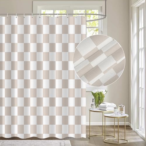 Tititex Aesthetic Checkerboard Faux Linen Shower Curtain 71x71 Inch with 12 Hooks