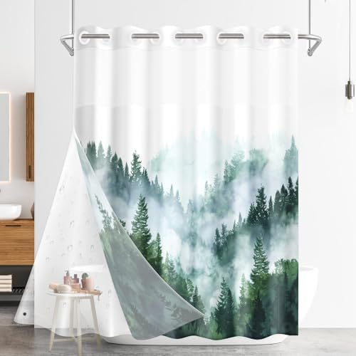 Nesphy Ombre Sage Green Shower Curtain Set with PEVA Liner and Transparent Window