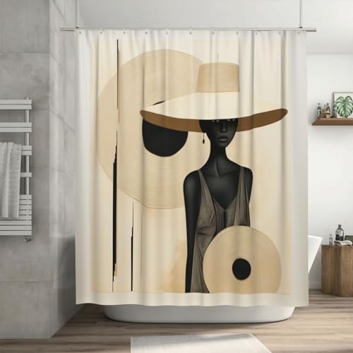 Brown Patterned Shower Curtain Set with 12 Hooks 72x72in