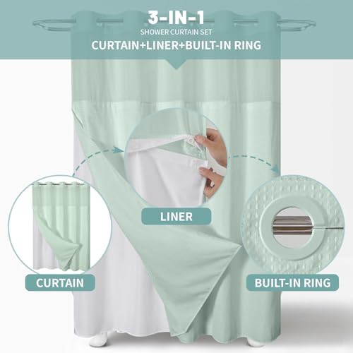 MintGreen No Hook Waffle Weave Shower Curtain Set