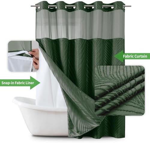 No Hook Dark Green Boho Shower Curtain Set with Snap Liner