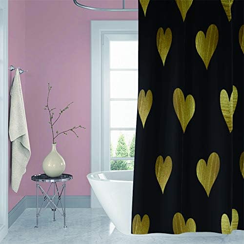 OERJU 65x72inch Golden Heart-Shaped Shower Curtain with Twinkling Patterns and Hooks