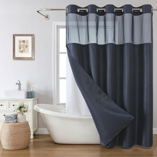 Eachope Stall No Hook Shower Curtain Set Navy Waffle Weave