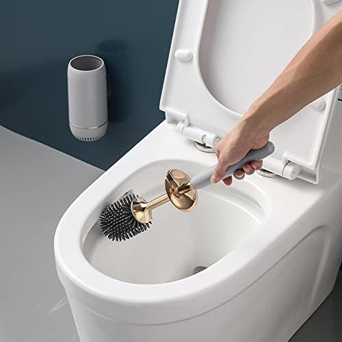 YIORYO Toilet Brush with Long Handle and Holder Set - Gray and Gold Design