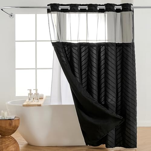 Nesphy Hookless Boho Shower Curtain Set Black Chevron Textured Double Layers Waterproof Liner