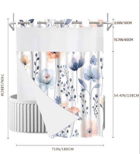 Gdmoon No Hook Floral Shower Curtain Set 71x74 with Snap Liner