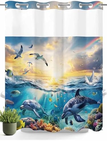 No Hooks Shower Curtain Set 72x72 with Dolphins Liner 1
