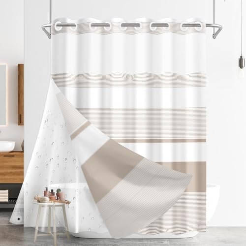Nesphy No Hook Boho Beige Shower Curtain Set 1