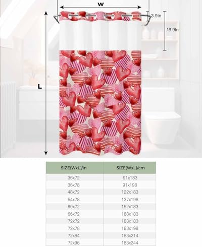 PIEPLE No Hook Shower Curtain Set with Snap Liner - Pink Red Heart Design