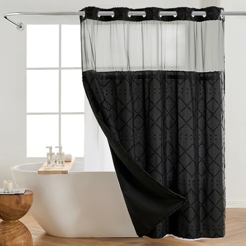 Nesphy Hookless Boho Shower Curtain Set Black Chevron Tufted Design