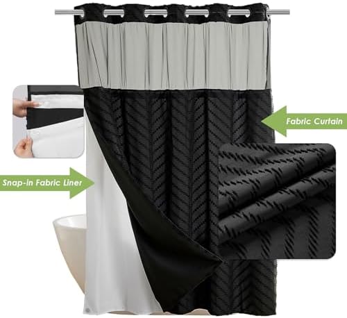 Nesphy Hookless Boho Shower Curtain Set Black Chevron Textured Double Layers Waterproof Liner