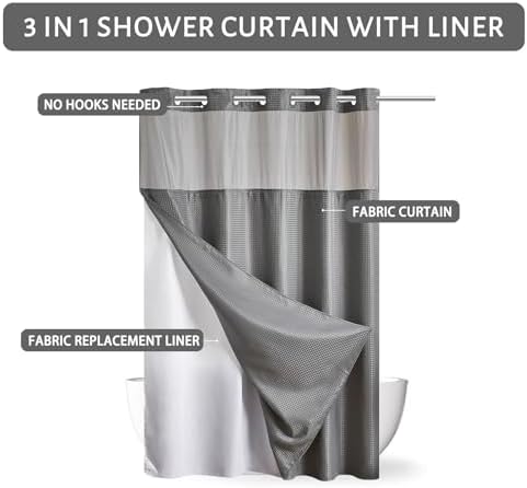 Furlinic No Hook Shower Curtain Set Waffle Weave See Through Window 71x75 Inch
