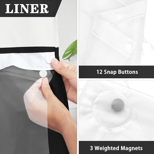 Nesphy No Hook Black Shower Curtain with Snap-in PEVA Liner Set