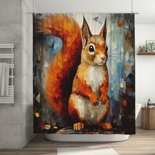 Squirrel Pattern Boho Style Shower Curtain Set with 12 Hooks 72x72in