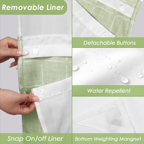 Nesphy Boho Farmhouse Shower Curtain Set Green Linen with Mesh Top