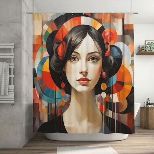 DAOWANGZUO Black Hair Girl Boho Shower Curtain Set 72x72in