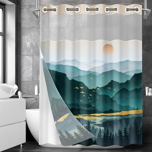 Nesphy No Hook Mountain Shower Curtain Set