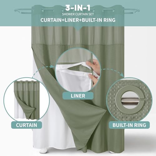 SageGreen Waffle Weave No Hook Shower Curtain Set with Snap-In Liner