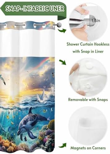 No Hooks Shower Curtain Set 72x72 with Dolphins Liner 1