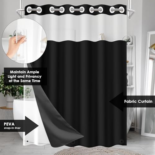 Nesphy No Hook Black Shower Curtain with Snap-in PEVA Liner Set