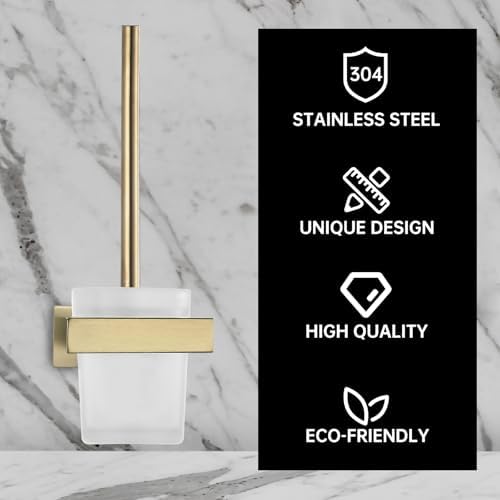TINYROW Glass Toilet Brush with Holder Wall Mounted Brushed Gold