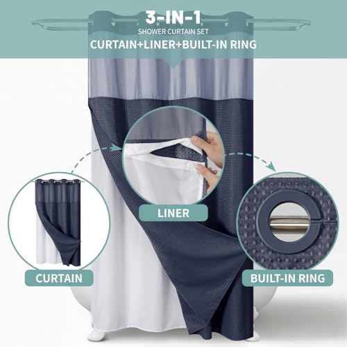 Navy Waffle Weave Shower Curtain Set with Snap-In Liner