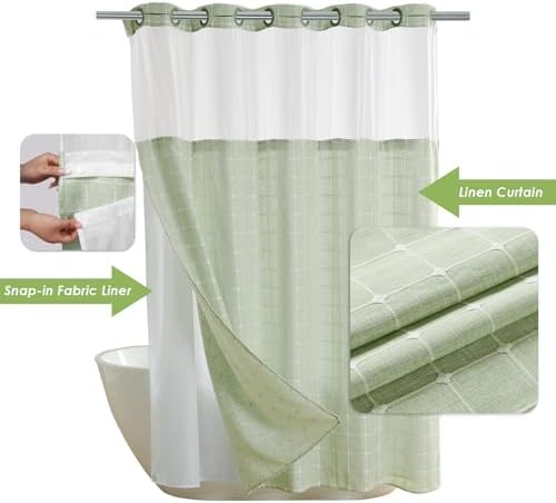 Nesphy Boho Farmhouse Shower Curtain Set Green Linen with Mesh Top