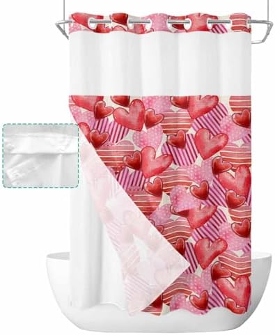 PIEPLE No Hook Shower Curtain Set with Snap Liner - Pink Red Heart Design