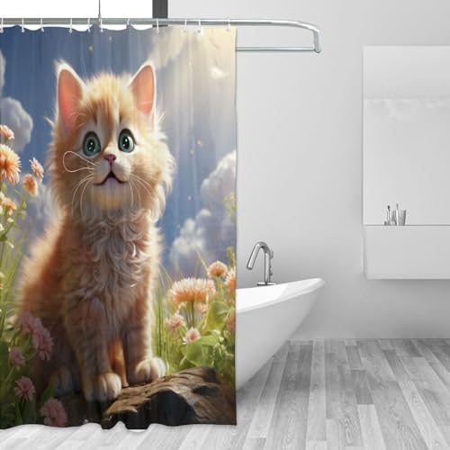 Brown Cat Boho Shower Curtain Set with 12 Hooks 72x72in 1