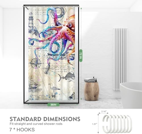 Lokigo Nautical Octopus Shower Curtain 36x72 with 7 Hooks