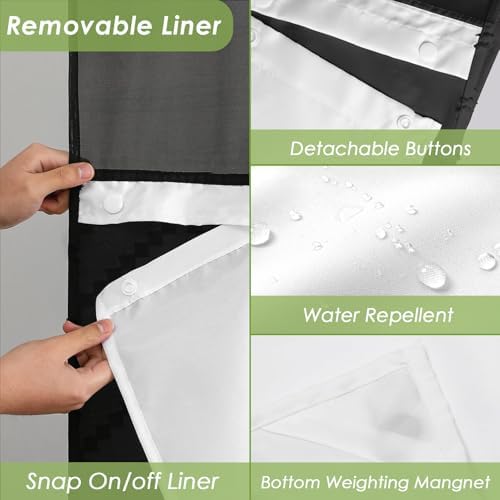Nesphy Hookless Boho Shower Curtain Set Black Chevron Textured Double Layers Waterproof Liner