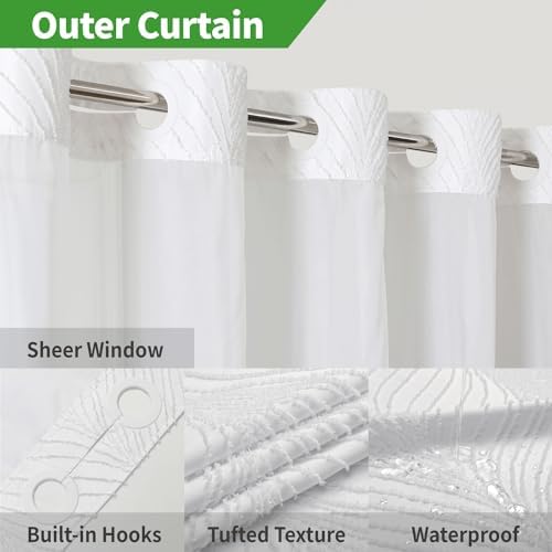 Boho No Hook Shower Curtain Set with White Tufted Stripes and Waterproof Liner