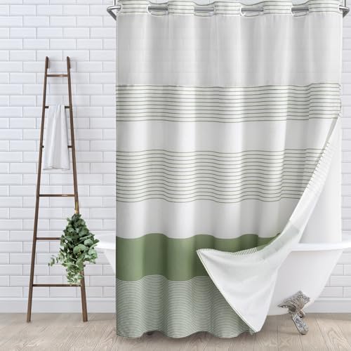 SMTHOM Sage Green Boho Striped Shower Curtain Set