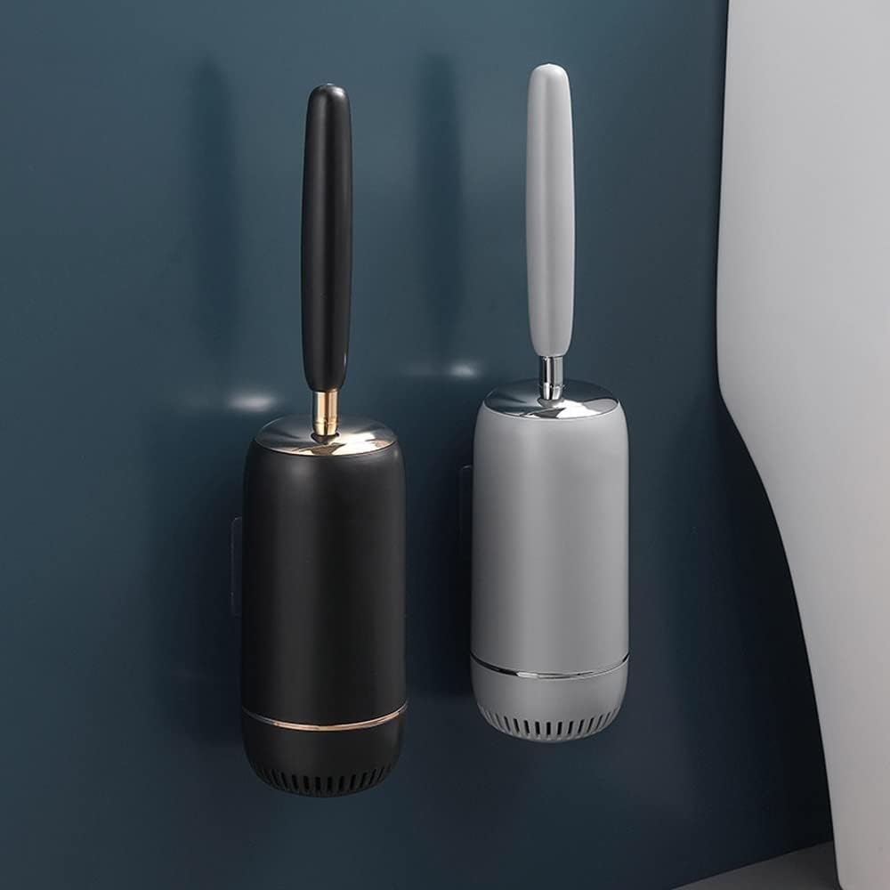 YIORYO Toilet Brush with Long Handle and Holder Set - Gray and Gold Design