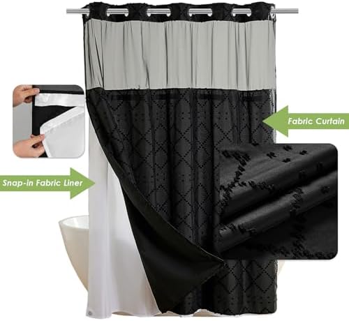 Nesphy Hookless Boho Shower Curtain Set Black Chevron Tufted Design