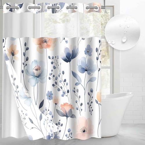 Gdmoon No Hook Floral Shower Curtain Set 71x74 with Snap Liner