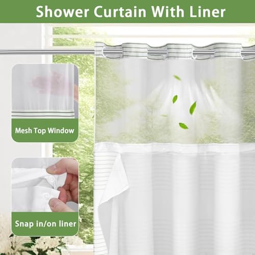 SMTHOM Sage Green Boho Striped Shower Curtain Set