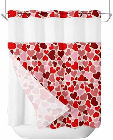 No Hook Shower Curtain with Snap Liner Set 72x78 Red Pink Heart Design