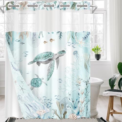 Nesphy Nautical Blue Sea Turtles Shower Curtain Set with Snap Lining