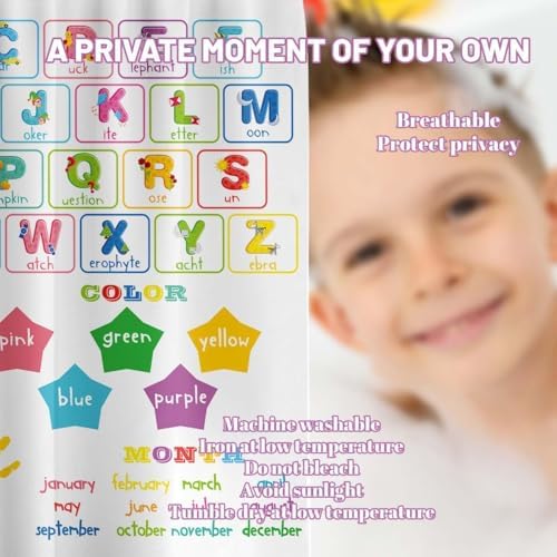 ABC Learning Shower Curtain for Kids 70x72 inch Waterproof with Hooks