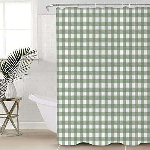 QueenKer Sage Green Buffalo Plaid Shower Curtain Set with 12 Hooks