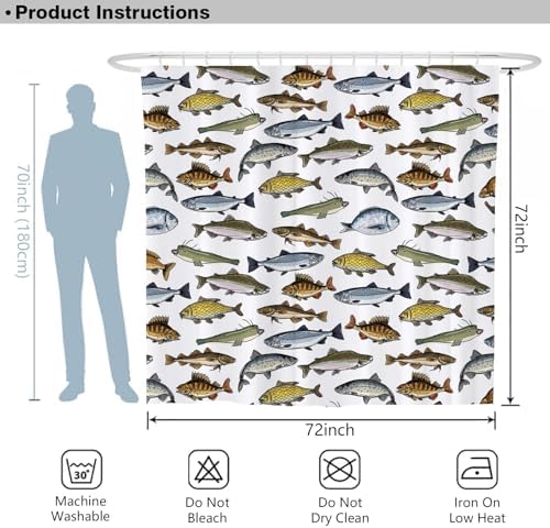 Yomane Fish Print Shower Curtain Set with 12 Hooks 72x72