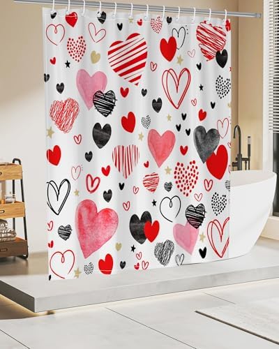Valentines Day Red and Black Heart Shower Curtain Set with 12 Hooks