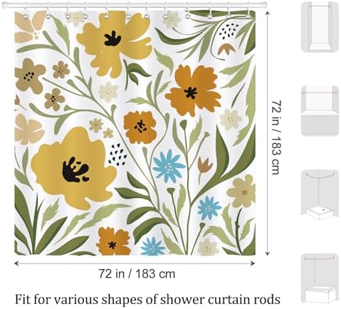 Boho Floral Shower Curtain with 12 Hooks 72x72 Inches