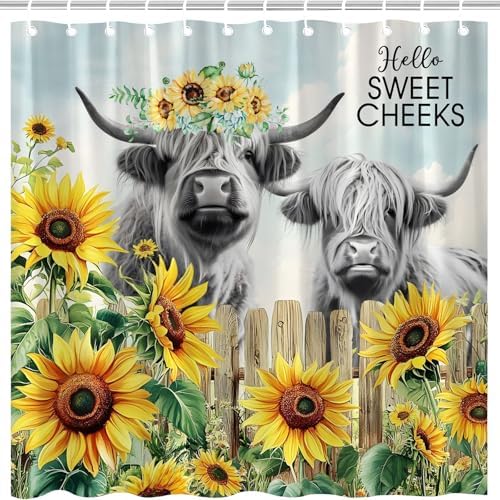 Rustic Cow Shower Curtain with Sunflower Floral Design