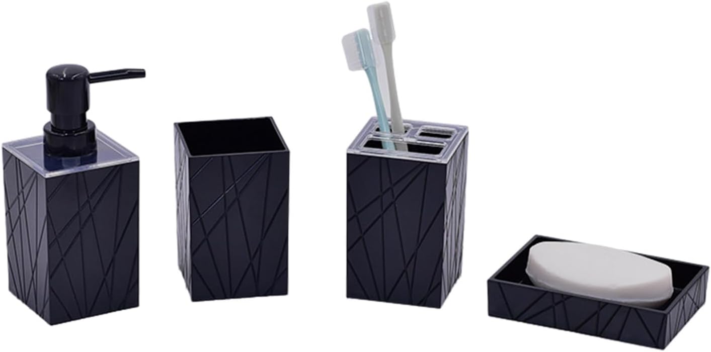 4 Piece Bathroom Accessory Set with Soap Dispenser Toothbrush Holder Tumbler and Soap Tray Black 1