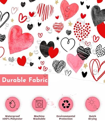 Valentines Day Red and Black Heart Shower Curtain Set with 12 Hooks